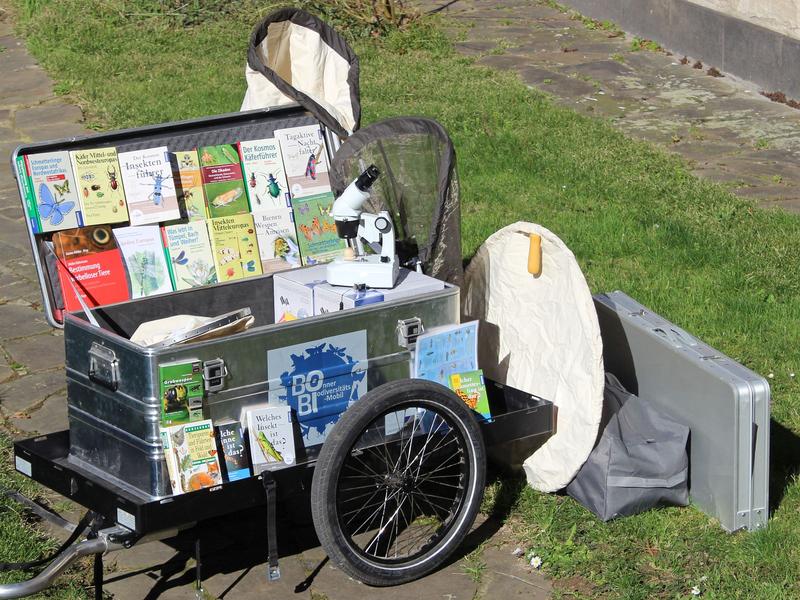 Das Bonner Biodiversitäts-Mobil: Alles, was es zur Untersuchung braucht, ist auf dem Fahrradanhänger verlastet.