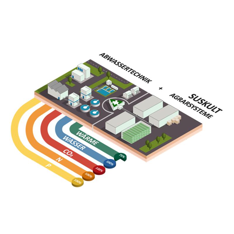 Schematische Darstellung einer kreislaufbasierten und urbanen Agrarproduktion mithilfe einer Kläranlage.