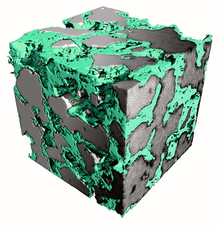 Gasdiffusionselektrode bestehend aus Katalysator (grau) und Polymer (grün)