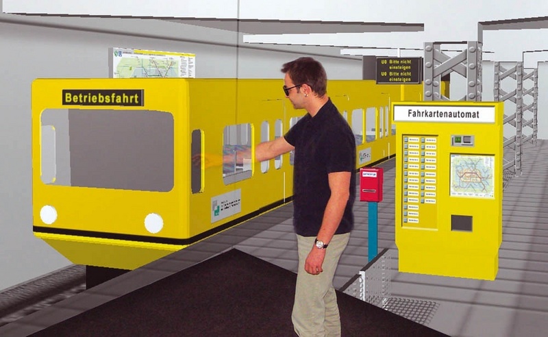 X-RoomsTM basieren auf einer äußerst günstigen Projektions- und Systemtechnologie. Mit einer Polarisationsbrille auf der Nase kann der Messebesucher Moleküle erforschen oder virtuell U-Bahn fahren. ©Fraunhofer FIRST