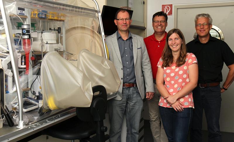 Professor Dr. Antonio Pierik (v.l.n.r.), Professor Dr. Volker Schünemann, Doktorandin Christina Müller und Professor Dr. Michael Schroda arbeiten gemeinsam im Schwerpunktprogramm. 