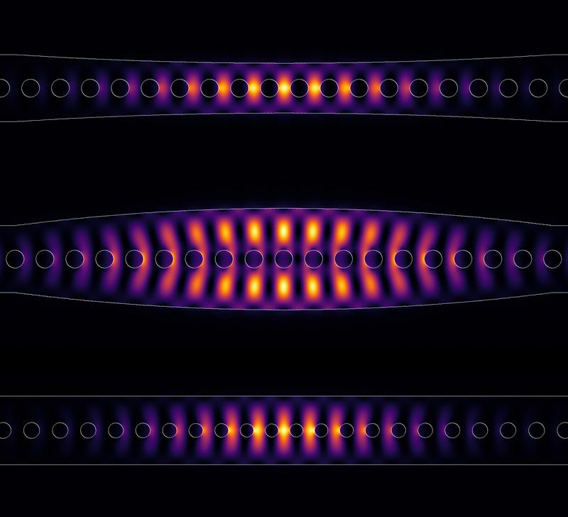 Various designs form photonic crystals which concentrate light in a cavity. 