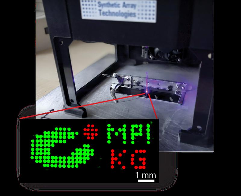 Production of a microarray with the cost-effective DIY setup. A laser from a Blu-ray player accurately transfers minute amounts of biomolecules to a surface with up to 2 500 spots per square cm².