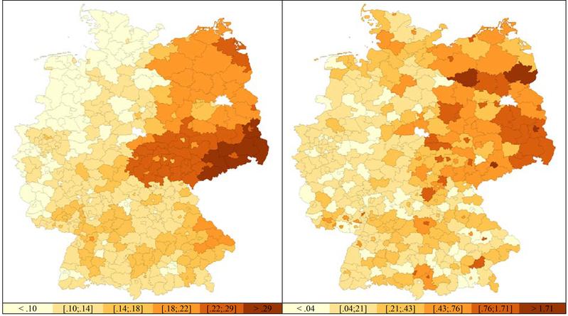 Die neue Studie zeigt den Zusammenhang zwischen dem AfD-Wahlerfolg bei der Bundestagswahl 2017 (links) und Übergriffen gegen Geflüchtete (rechts) im selben Jahr. 