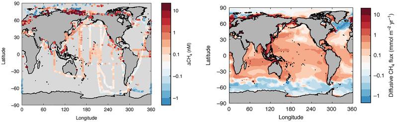 Aus Oberflächenmessungen berechnete Verteilung von Delta CH4 (links) und die Verteilung der mit Hilfe eines der maschinellen Lernmodelle generierten globalen Methanflüsse (rechts).
