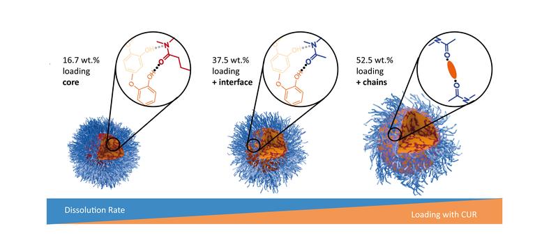 As the loading with curcumin (yellow) increases, the dissolution rate of the containers made of polymeric micelles (blue) decreases. 