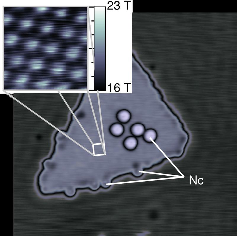Topographische Aufnahme einer kleinen Ansammlung von Kobaltatomen auf einer Kupferoberfläche von 25 mal 25 Nanometer Größe. Ebenfalls zu sehen sind Moleküle zur Funktionalisierung der Spitze (Nc). 