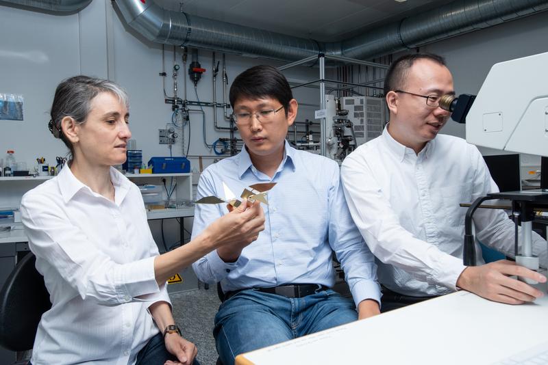 Laura Heyderman (links) und Tian-Yun Huang (Mitte) betrachten ein Modell des Origami-Vogels, während Jizhai Cui den echten Mikroroboter unter einem Mikroskop beobachtet.