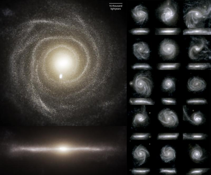 Simulierte Bilder von Scheibengalaxien aus der TNG50-Simulation im sichtbaren Licht. Jede Galaxie ist einmal in Draufsicht und einmal von der Seite gezeigt.