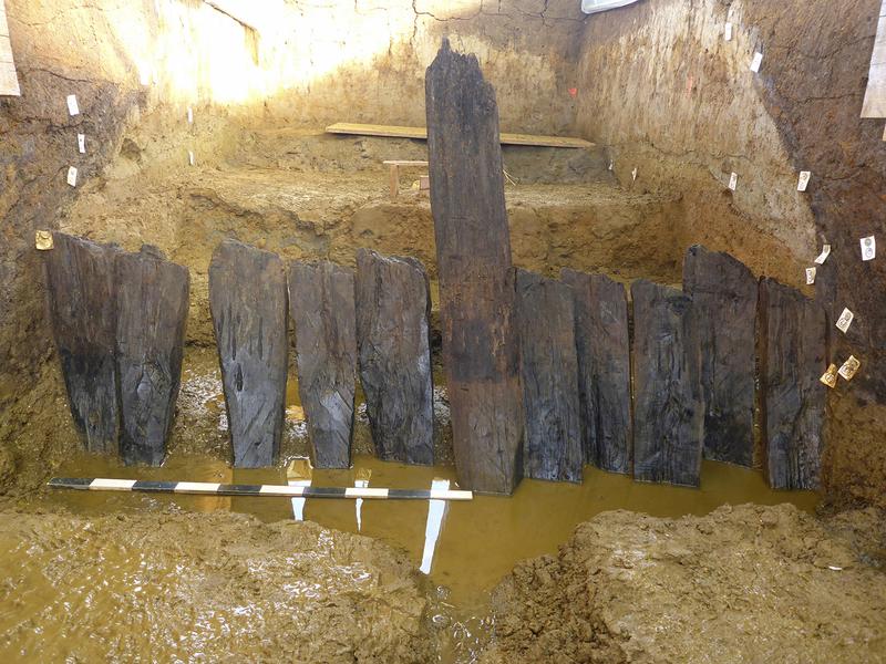 Eine Spaltbohlenreihe des Kanalverbaus vom sog. Karlsgraben. Informationen u. a. über dieses Mammutprojekt des Mittelalters werden in der neuen Ausstellung gezeigt. 