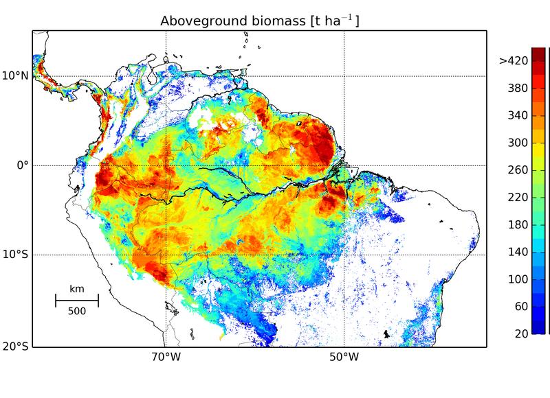 Durch die Verknüpfung des Waldmodells FORMIND mit Daten des Satelliten ICESat wurde eine detaillierte Biomassenkarte erstellt. Rot eingefärbte Regionen zeigen Gebiete mit besonders viel Biomasse. 