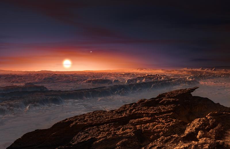 Auch der nächstgelegene Exoplanet Proxima Centauri b befindet sich in einem Mehrfachsternsystem. So könnte das Dreifachsternsystem Alpha Centauri von der Planetenoberfläche betrachtet aussehen.