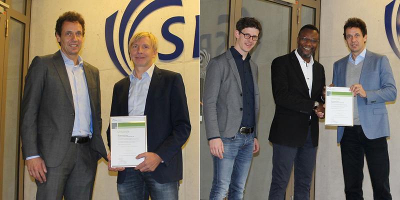 Prof. Dr. Markus Nave (rechts auf linkem Foto) und Prof. Dr. Feret Pokos (Mitte rechtes Foto) erhielten ihre Urkunden.