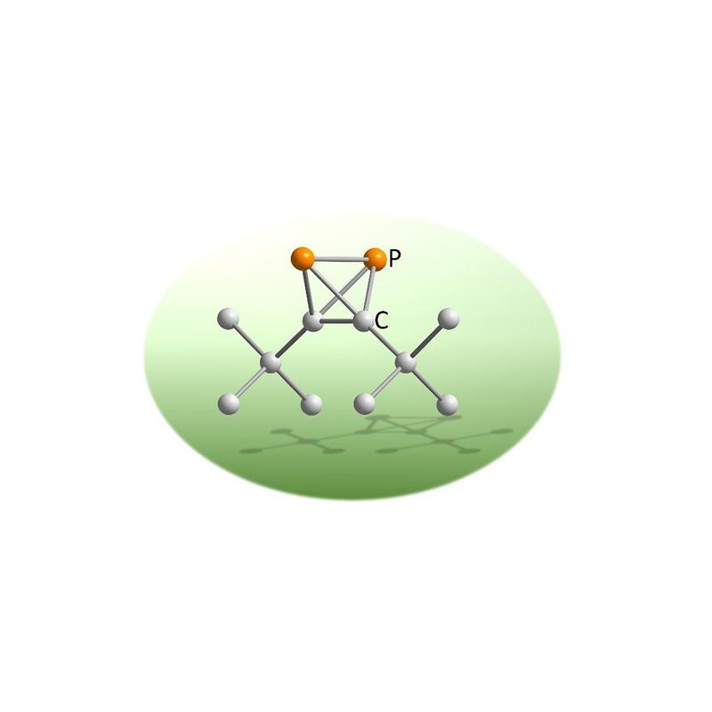 Graphische Darstellung des Di-tert-butyldiphosphatetrahedrans. Die Phosphoratome sind orange und die Kohlenstoffatome grau gezeichnet.