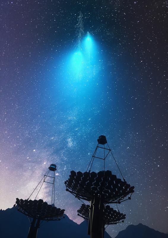 Cherenkov-Teleskope beobachten das bläuliche Leuchten überlichtschneller Partikel, die kosmische Gammaquanten in der Erdatmosphäre erzeugen. 