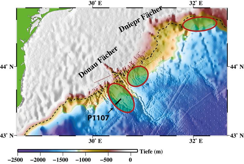 Arbeitsgebiete des GEOMAR im Donaufächer des Schwarzen Meeres. 