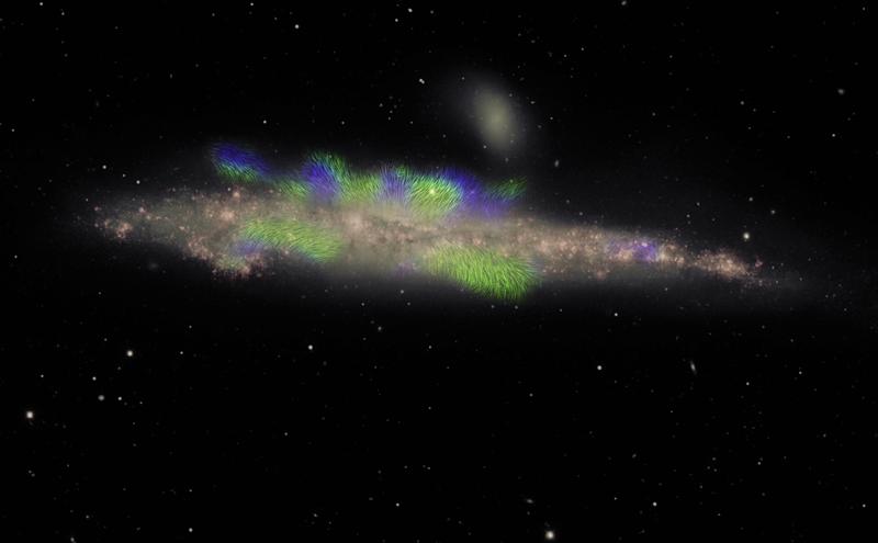 The spiral galaxy NGC 4631 is seen edge-on, with its disk of stars shown in pink and the observed magnetic field pattern, extending beyond the disk into the galaxy's extended halo in green and blue.