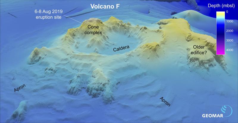  Darstellung des "Vulkan F" anhand älterer bathymetrischer Daten. Grafik: Philipp Brandl/GEOMAR  Darstellung des "Vulkan F" anhand älterer bathymetrischer Daten. 