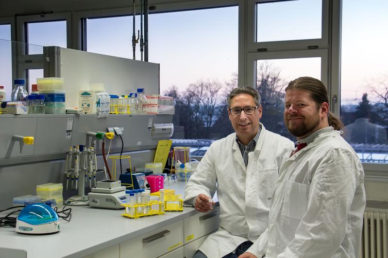 Severin Weis (rechts) und Prof. Dr. Markus Egert, Mitverfasser der Studie, im Labor am Campus Schwenningen der Hochschule Furtwangen