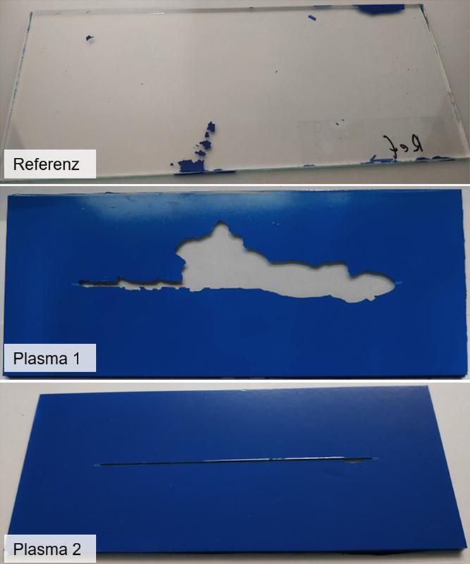 Pulverlackiertes Glas nach Belastungstest in alkalischer Lösung , Gegenüberstellung von unbehandelten Gläsern im Vergleich zu plasmabehandelten Gläsern mit 2 verschiedenen Plasmasystemen