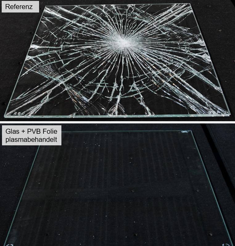 Verbund-Sicherheitsglas nach Kugelfalltest; Gegenüberstellung von unbehandelten VSG-Referenzen im Vergleich zu VSG mit den plasmabehandelten Komponenten Glas und PVB Verbundfolie