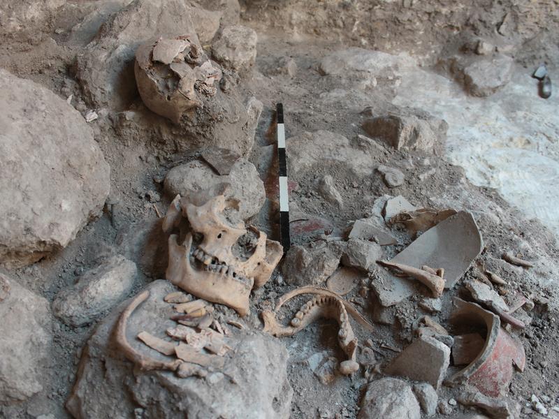 Massengrab von Uxul während der Ausgrabungen im Jahr 2013: Nachdem die Körper zerteilt worden waren, wurden die Körperteile auf dem Boden eines künstlichen Wasserspeichers niedergelegt. 