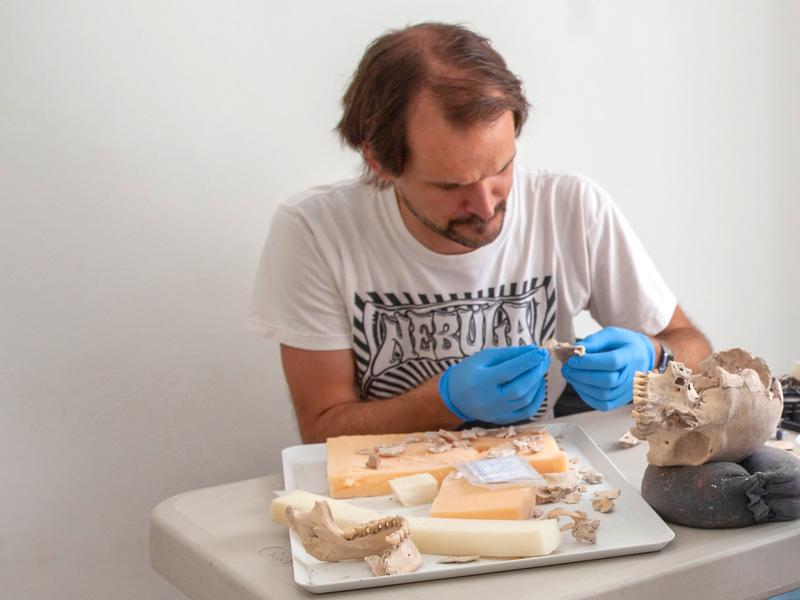 Nicolaus Seefeld bei der Restaurierung eines Schädels aus dem Massengrab von Uxul. 