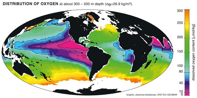 Globale Karte der Sauerstoffverteilung in 300-500 Metern Tiefe. 