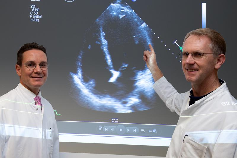 Professor Dr. Johann Bauersachs (links) und Professor Dr. Udo Bavendiek vor einem vergrößerten Ultraschallbild des Herzmuskels