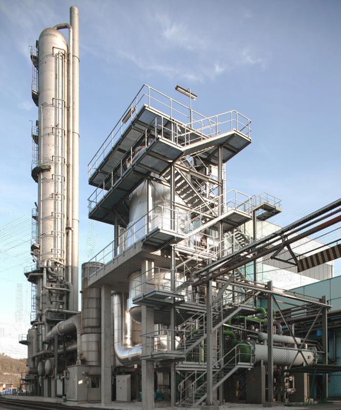 Das Bild zeigt eine großtechnisch-chemische Anlage mit EnviNOx®-Verfahren der Firma Agrolinz Melamine International in Linz, Österreich (Foto: Uhde GmbH) 