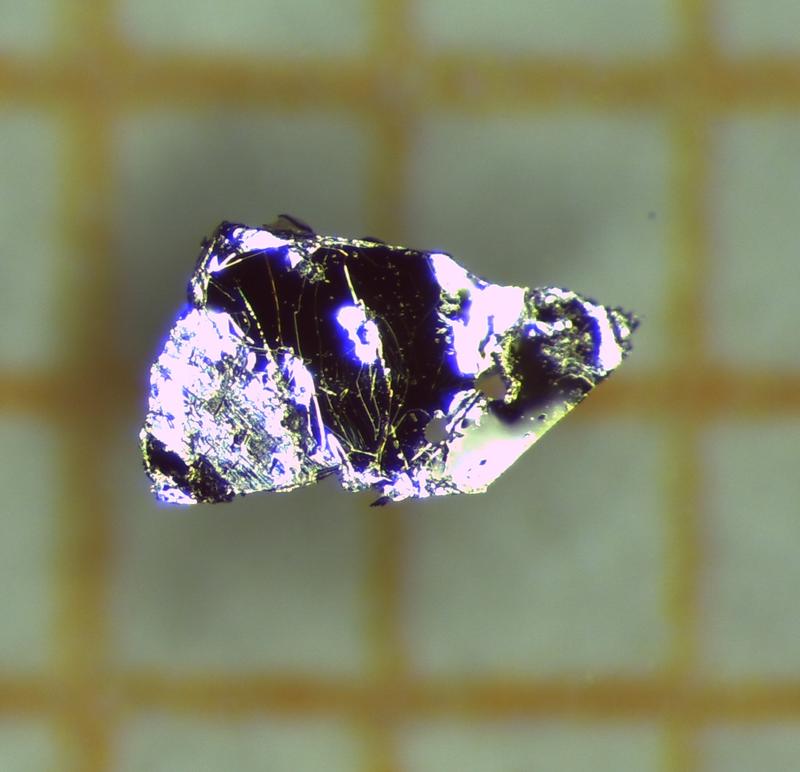 Einkristall des Materials Mangan-Wismut-Tellurid von knapp einem Millimeter Länge. Es ist der erste antiferromagnetische topologische Isolator. 