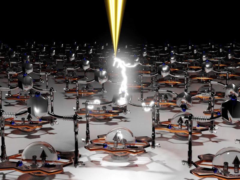 Each molecule can be separately addressed with a scanning tunneling microscope and switched between the states by applying a positive or negative voltage.