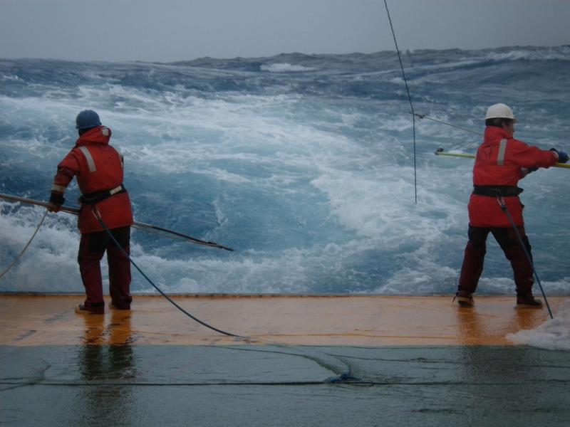 Fishing for coral samples at high seas in the Drake Passage. 