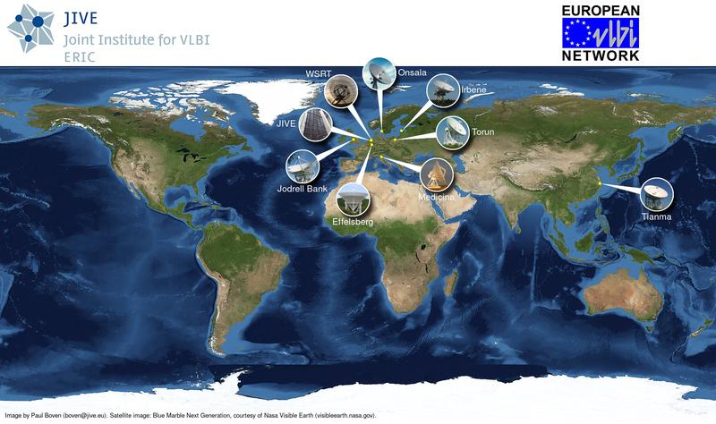 Karte mit den Positionen der acht Radioteleskope des Europäischen VLBI-Netzwerks (EVN), die an den Beobachtungen beteiligt waren, sowie vom JIVE-Zentralrechner (Korrelator) in den Niederlanden.