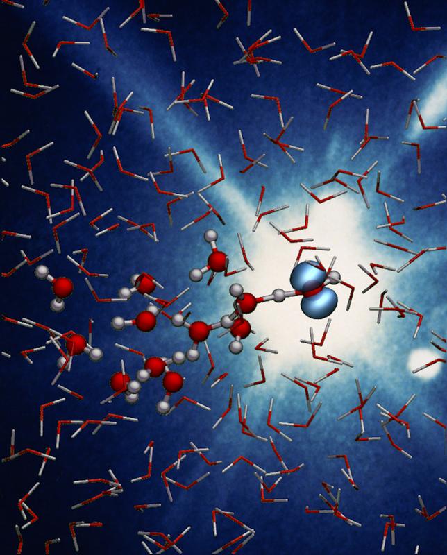 Der Moment des Protontransfers von einem ionisierten zu einem neutralen Wassermolekül. Die blaue, hantelförmige Wolke zeigt das Orbital, aus dem ein Elektron durch Bestrahlung herausgeschlagen wurde.