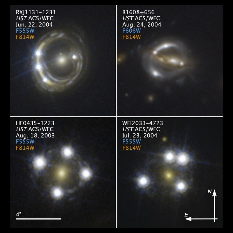 Zur Messung der Hubble-Konstante wurden Aufnahmen des Hubble-Weltraumteleskops verwendet, die weit entfernte Quasare zeigen, deren Licht von Vordergrundgalaxien umgelenkt wird.