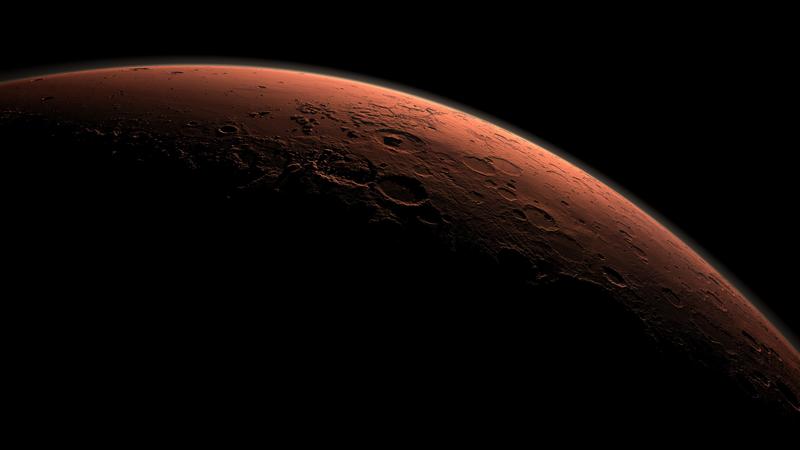 Diese computergenerierte Ansicht zeigt einen Teil des Mars an der Grenze zwischen Dunkelheit und Tageslicht.