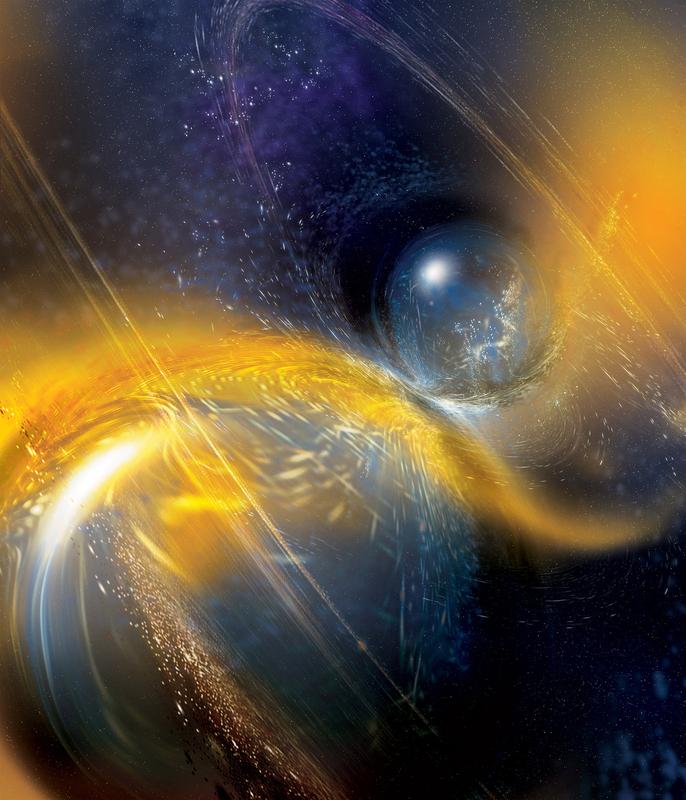 Der Ursprung des Gravitationswellensignals GW190425 liegt vermutlich in der Verschmelzung eines Doppel-Neutronensternsystems (künstlerische Darstellung).
