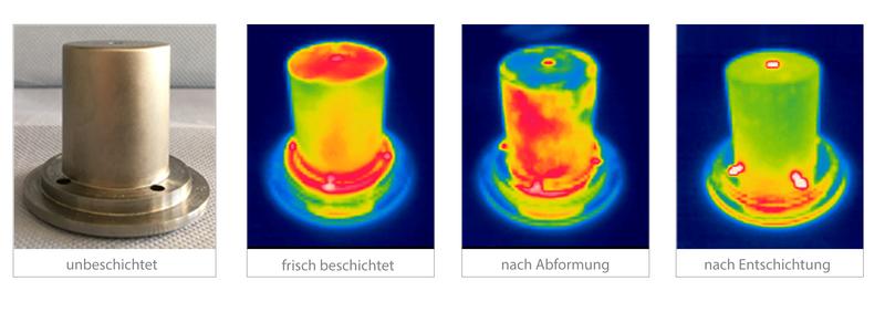 Aufnahme eines unbeschichteten Einsatzes (li) sowie Wärmebildaufnahmen eines Werkzeugeinsatzes mit Beschichtung, nachdem Abformversuche damit durchgeführt wurden und nach Entfernung der Schicht (re)