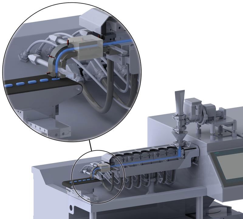 3D-Druckkopf (Einsatz) mit der speziell entwickelten Schmelzextrusionseinheit zur Herstellung von Tabletten in Klein- und Kleinstchargen.