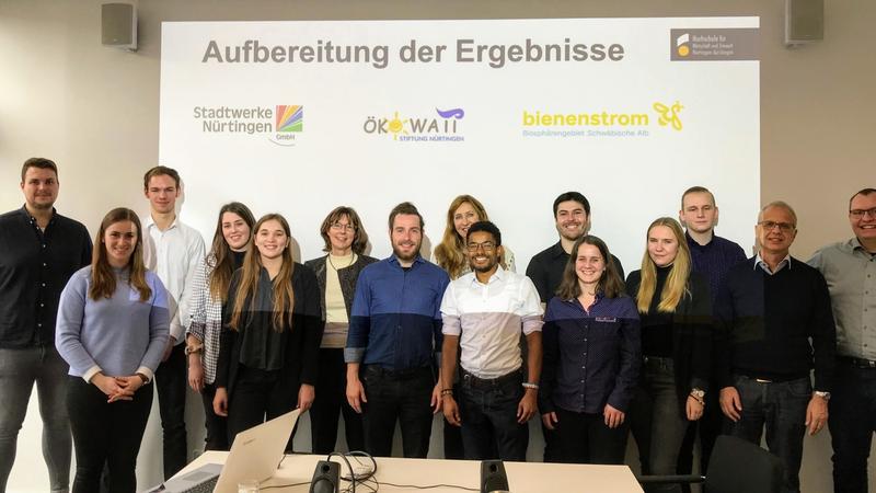 Die Studierenden mit Prof. Dr. Iris Ramme (6.v.l.) und MitarbeiterInnen der Stadtwerke nach der Vorstellung der Markstudie zu alternativen Stromprodukten.