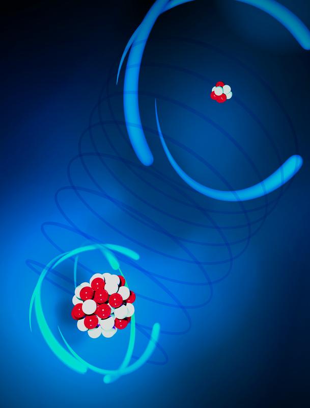 Fig 1. Artists’ impression of the ion pair: laser-cooled Be⁺ (t.r.) and highly charged Ar¹³⁺ (b.l.).