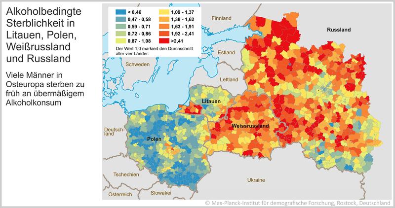 Sterblichkeit auf Grund übermäßigen Alkoholkonsums von Männern im Alter zwischen 20 und 64 Jahren im zusammengefassten Gebiet Weißrusslands, Litauens, Polens und Russlands.