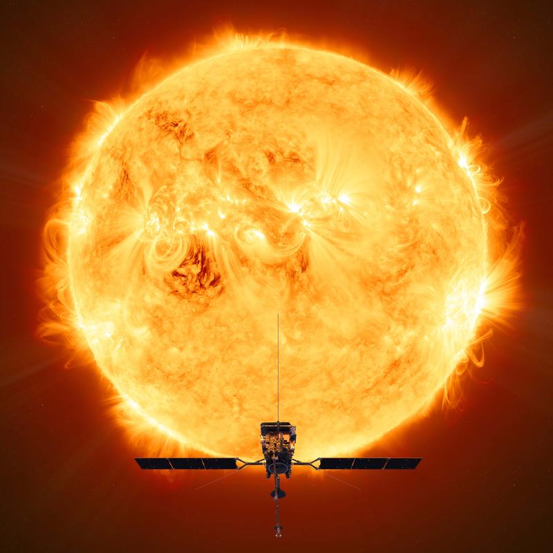 Künstlerische Darstellung von Solar Orbiter vor der Sonne.