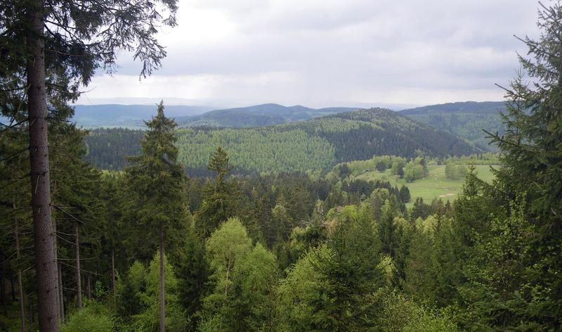 View of the southern slope of the Thuringian Forest. The mosaic of small-scale cultivation is clearly visible. 