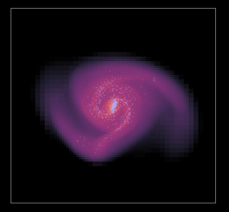 Die Verteilung des Materiegases 1,5 Milliarden Jahre nach dem Start der Simulation. Je heller die Farbe, desto höher ist die Dichte des Gases. Die hellblauen Punkte zeigen junge Sterne. 