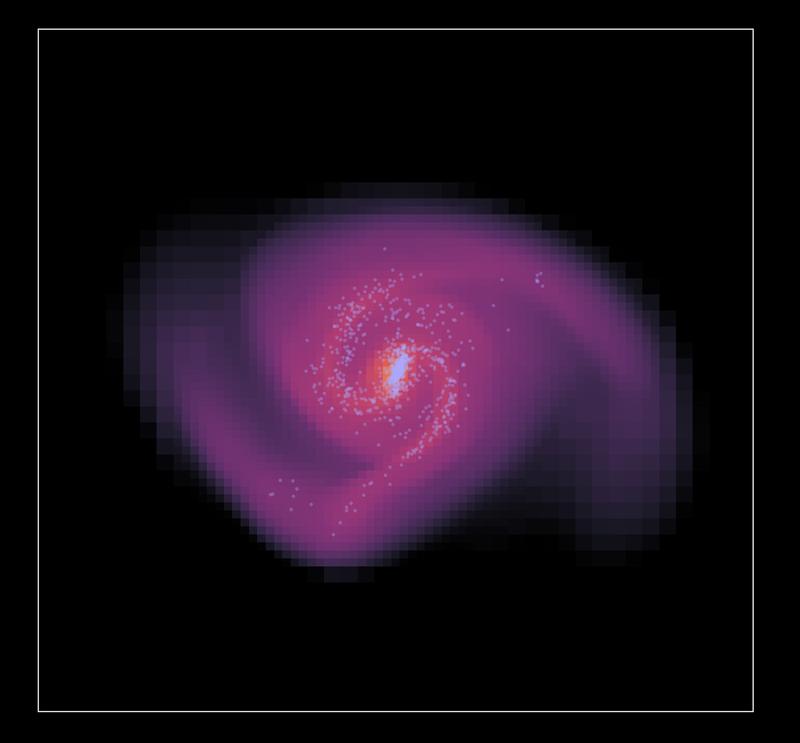 The distribution of matter 1.5 billion years after the start of the simulation. The lighter the color, the higher the density of the gas. The light blue dots show young stars. 