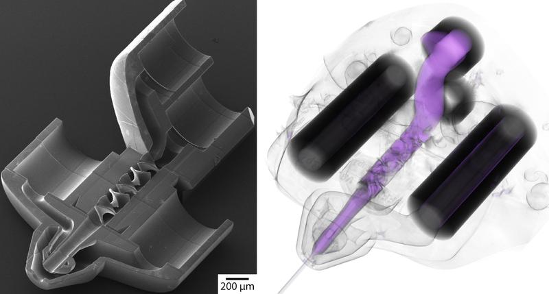 Elektronenmikroskopische Aufnahme einer leeren Mischdüse (links), sowie röntgentomographische Funktionsanalyse (rechts). Das Strömungsverhalten der Flüssigkeit wurde mikrometergenau aufgelöst 