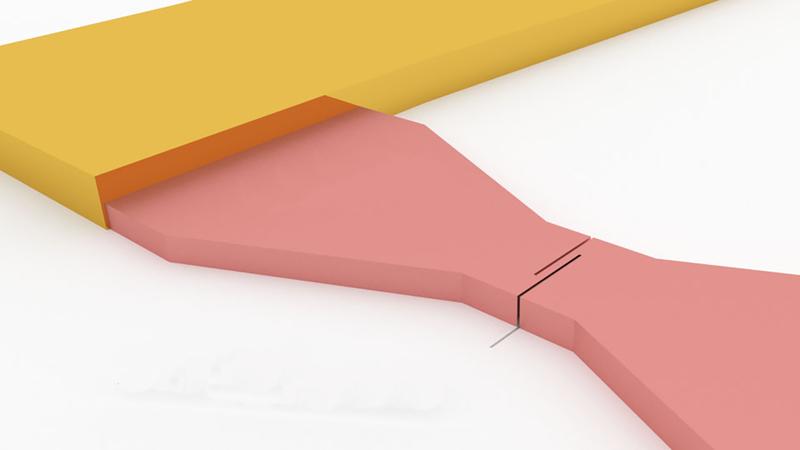 Schematische Darstellung einer Hochtemperatur-supraleitenden Nanobrücke (rosa) in Goldkontakten (gelb) 