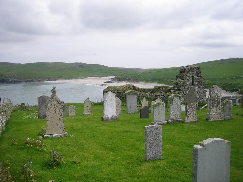 The church of Lunna Wick on the island of Unst, Shetland, with the tombstones of the Bremen merchants Segebad Detken (1573) and Hinrick Segelcken (1585). 